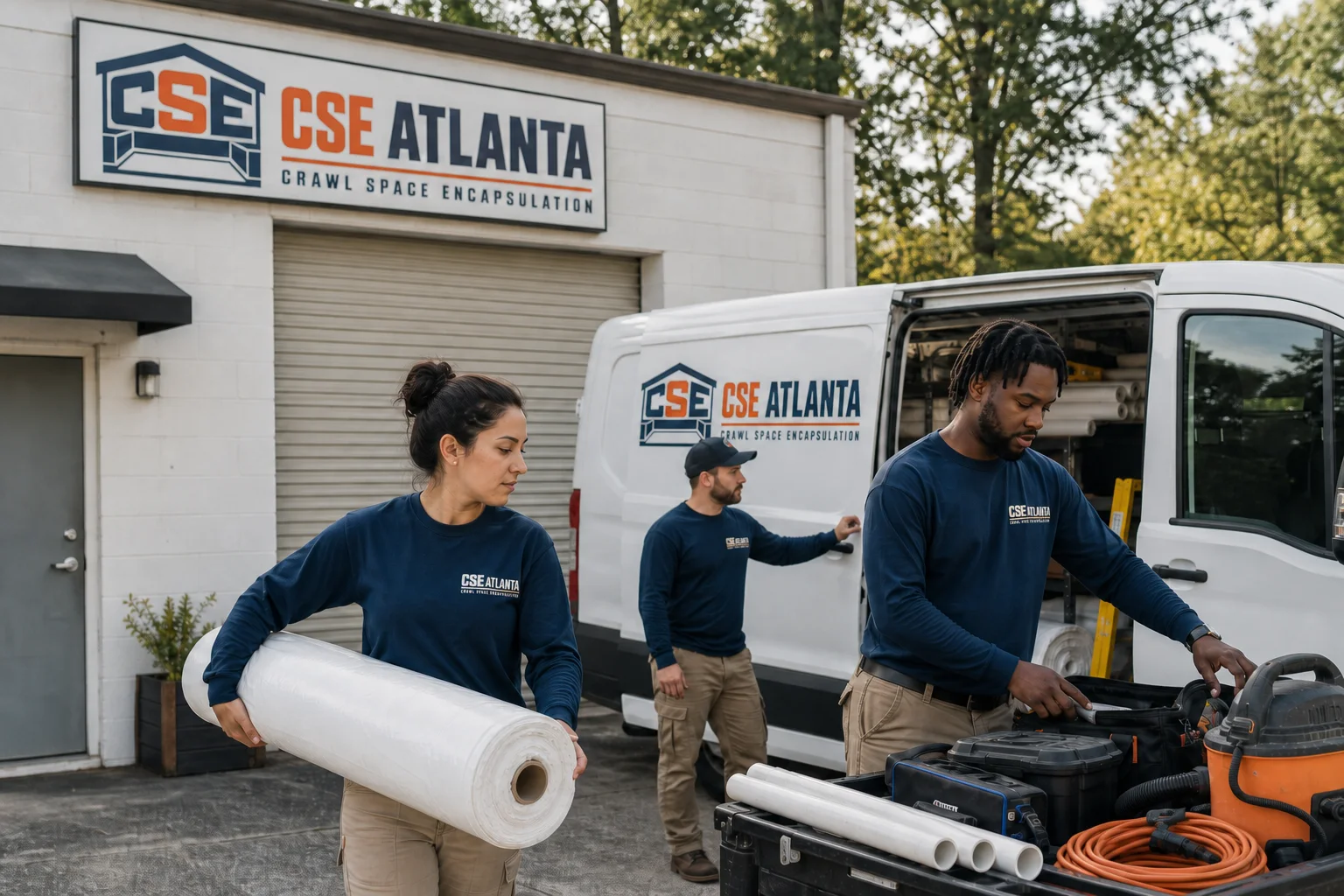 CSE Atlanta crew organizing crawl space equipment beside a branded service van